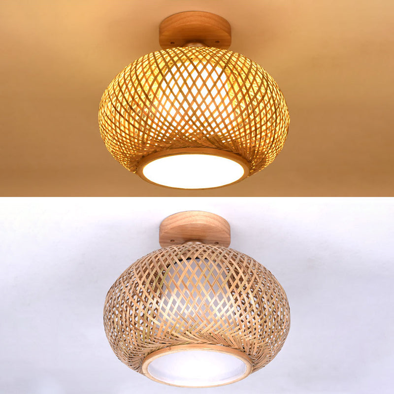 Asian Style Handmade Bamboo Weaving Ceiling Light 1 Head Wooden Ceiling Lamp for Restaurant