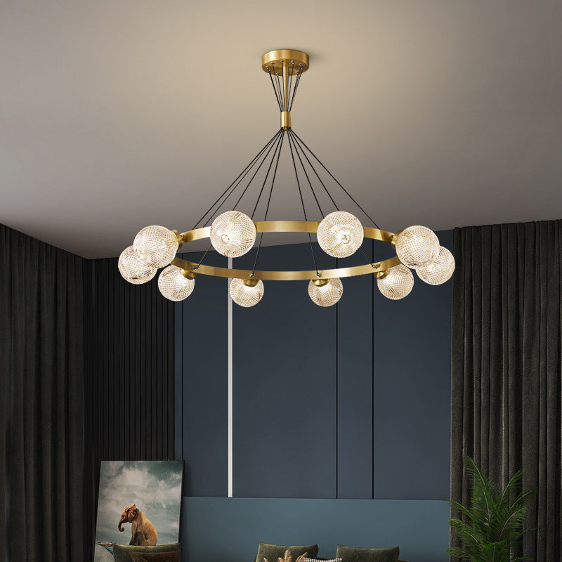 Lattice Glass Ball Chandelier Postmodern Style Brass Ceiling Light for Living Room