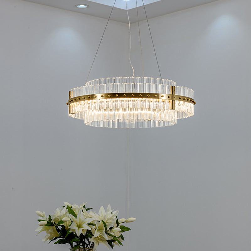 Gold Plated Round Chandelier Lamp Minimalist Crystal LED Hanging Light with Riveted Detail