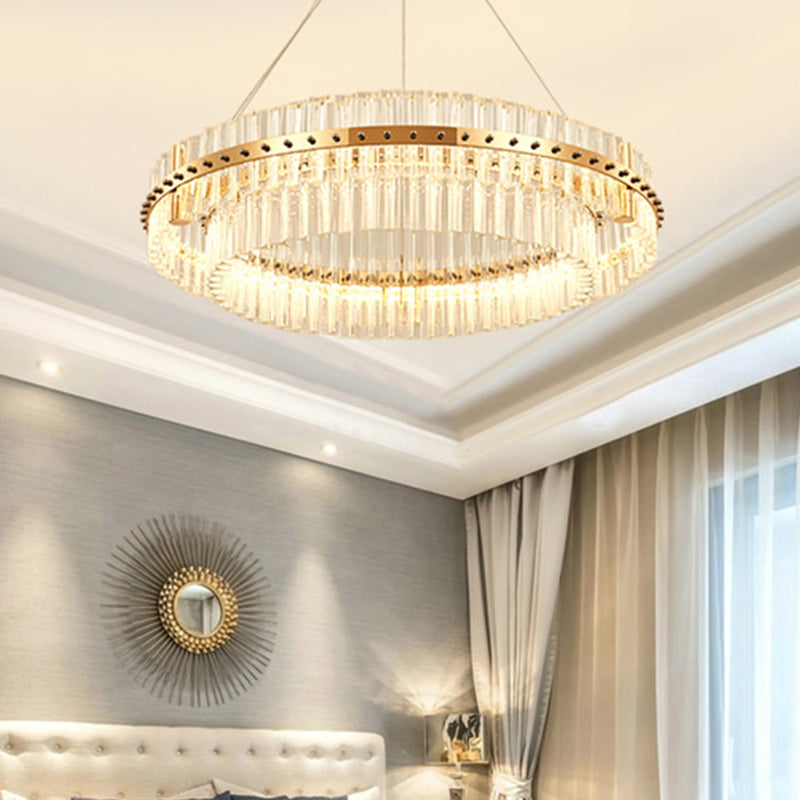 Gold Plated Round Chandelier Lamp Minimalist Crystal LED Hanging Light with Riveted Detail