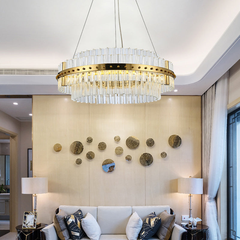 Gold Plated Round Chandelier Lamp Minimalist Crystal LED Hanging Light with Riveted Detail