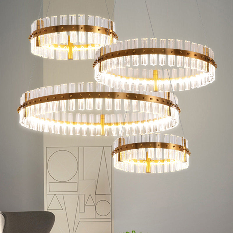 Gold Plated Round Chandelier Lamp Minimalist Crystal LED Hanging Light with Riveted Detail