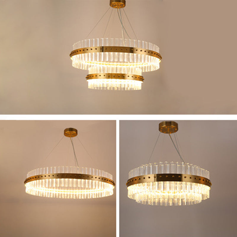 Gold Plated Round Chandelier Lamp Minimalist Crystal LED Hanging Light with Riveted Detail