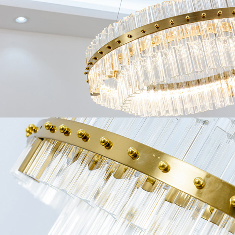 Gold Plated Round Chandelier Lamp Minimalist Crystal LED Hanging Light with Riveted Detail