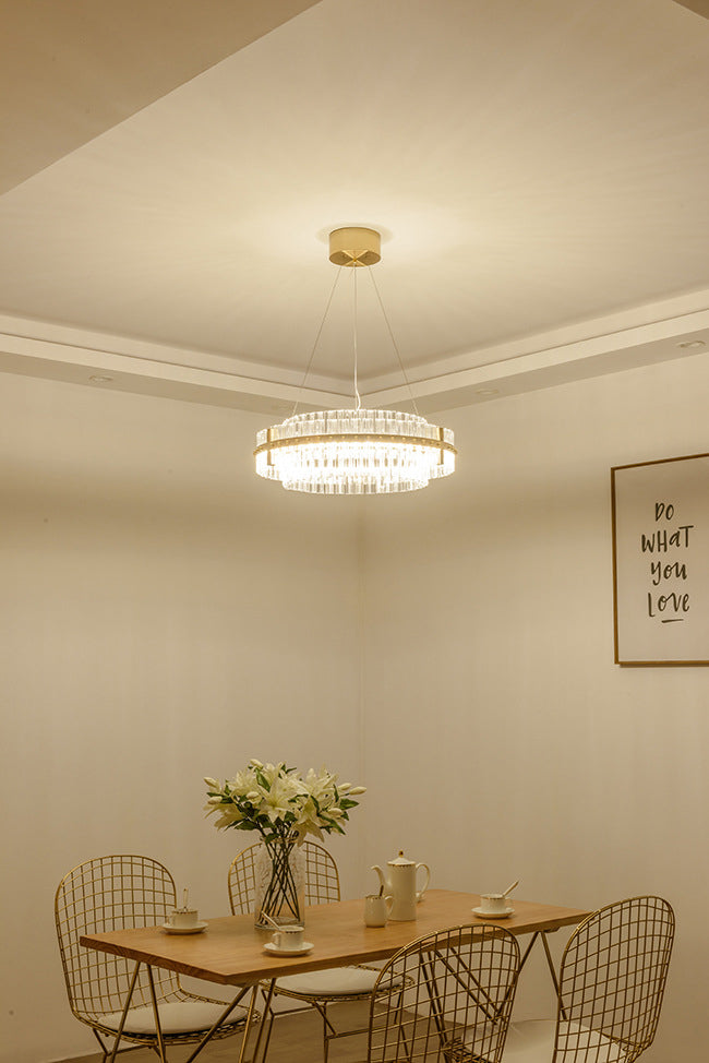 Gold Plated Round Chandelier Lamp Minimalist Crystal LED Hanging Light with Riveted Detail