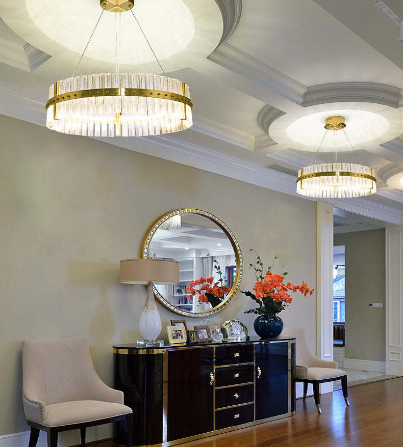 Gold Plated Round Chandelier Lamp Minimalist Crystal LED Hanging Light with Riveted Detail