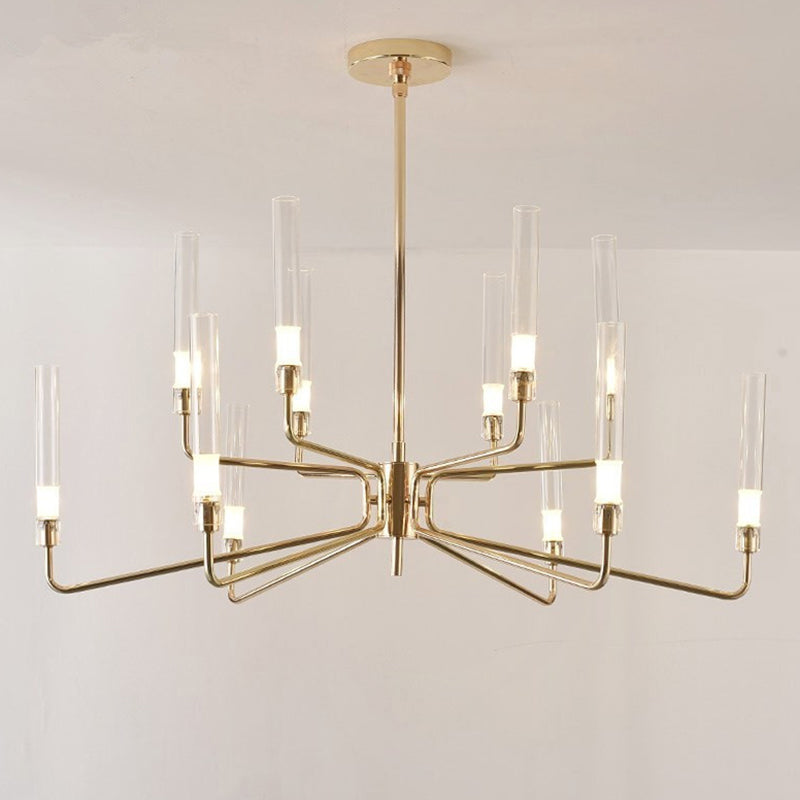 Gold Metal Pendant Light Mid-Century Cylindrical Clear Glass Shade Chandelier Lighting for Living Room