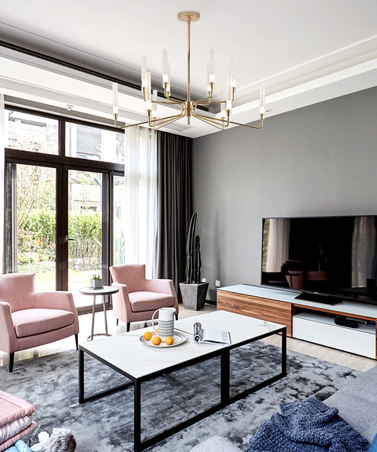 Gold Metal Pendant Light Mid-Century Cylindrical Clear Glass Shade Chandelier Lighting for Living Room