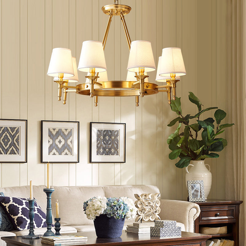 Post-Modern Circular Hanging Chandelier Light White Fabric Shade Ceiling Chandelier in Gold for Living Room