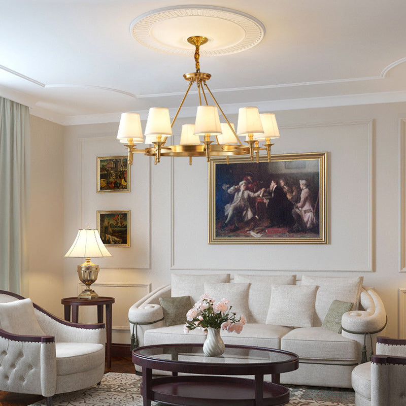 Post-Modern Circular Hanging Chandelier Light White Fabric Shade Ceiling Chandelier in Gold for Living Room