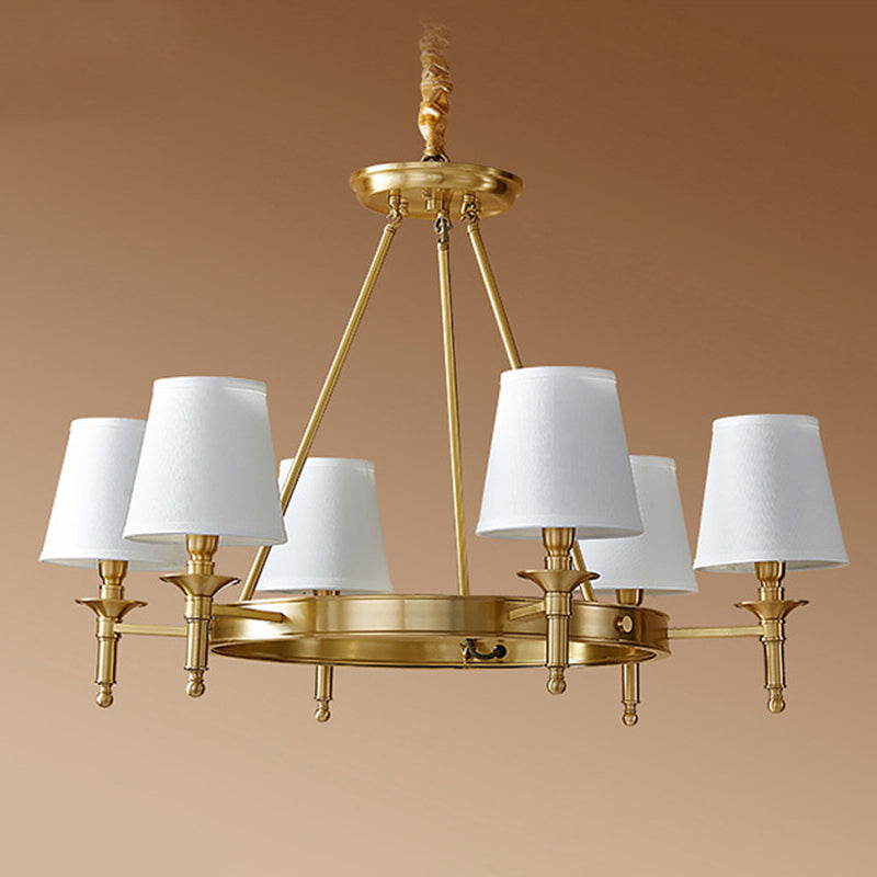 Post-Modern Circular Hanging Chandelier Light White Fabric Shade Ceiling Chandelier in Gold for Living Room