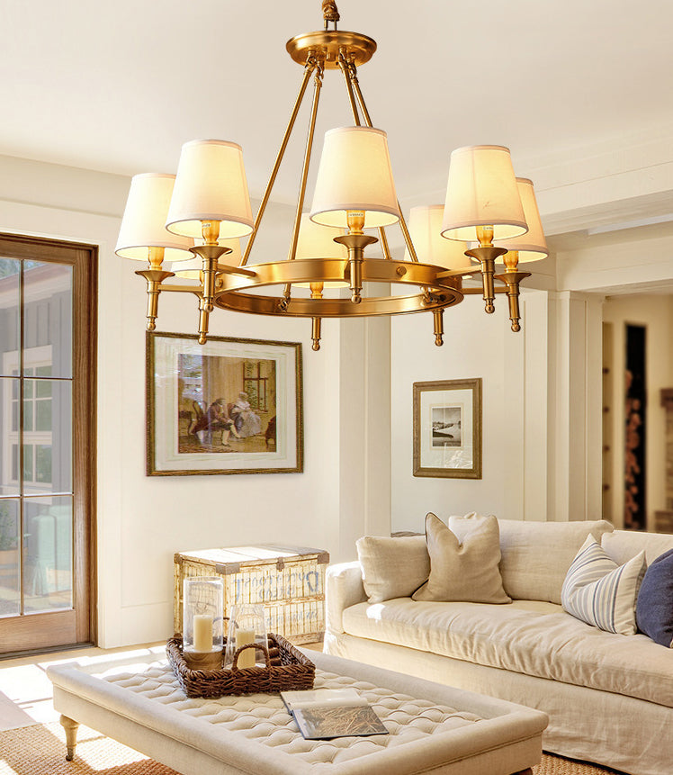 Post-Modern Circular Hanging Chandelier Light White Fabric Shade Ceiling Chandelier in Gold for Living Room