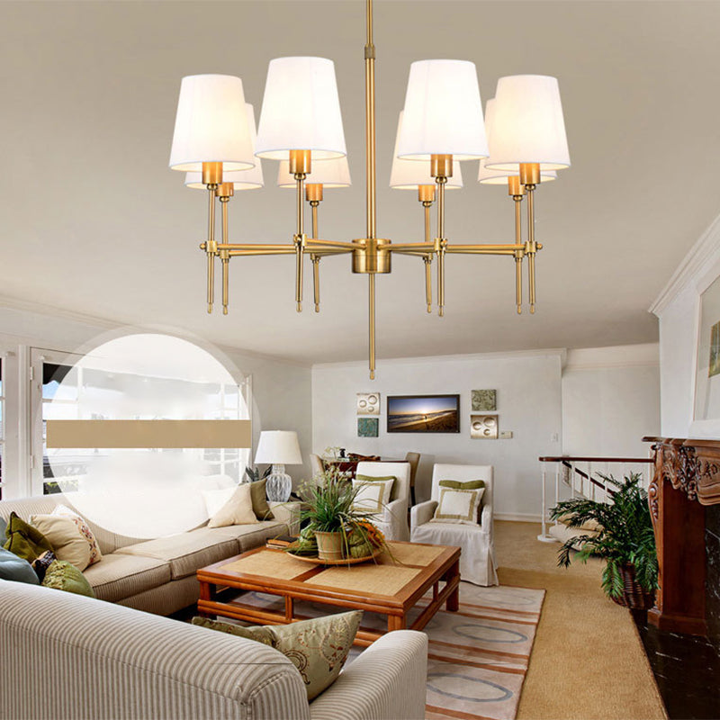 Gold Metal Radial Pendant Light Mid-Century Modern White Burlap Shade Bedroom Chandelier Lighting