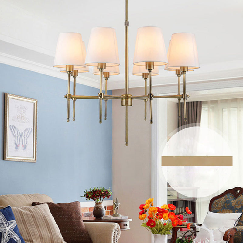 Gold Metal Radial Pendant Light Mid-Century Modern White Burlap Shade Bedroom Chandelier Lighting