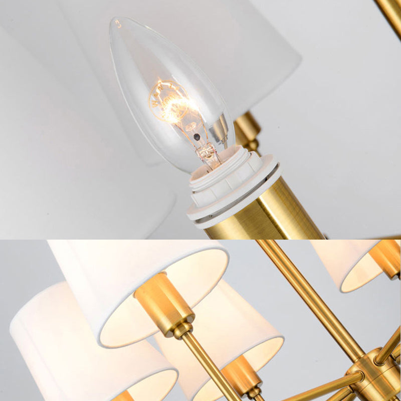 Gold Metal Radial Pendant Light Mid-Century Modern White Burlap Shade Bedroom Chandelier Lighting