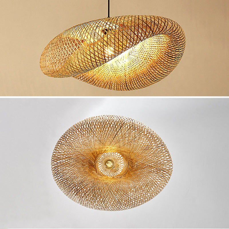 Japanese Style Bamboo Chandelier 1 Light Hanging Pendant Lights Hat Shape Handmade Cardboard Shade Kitchen Lamp