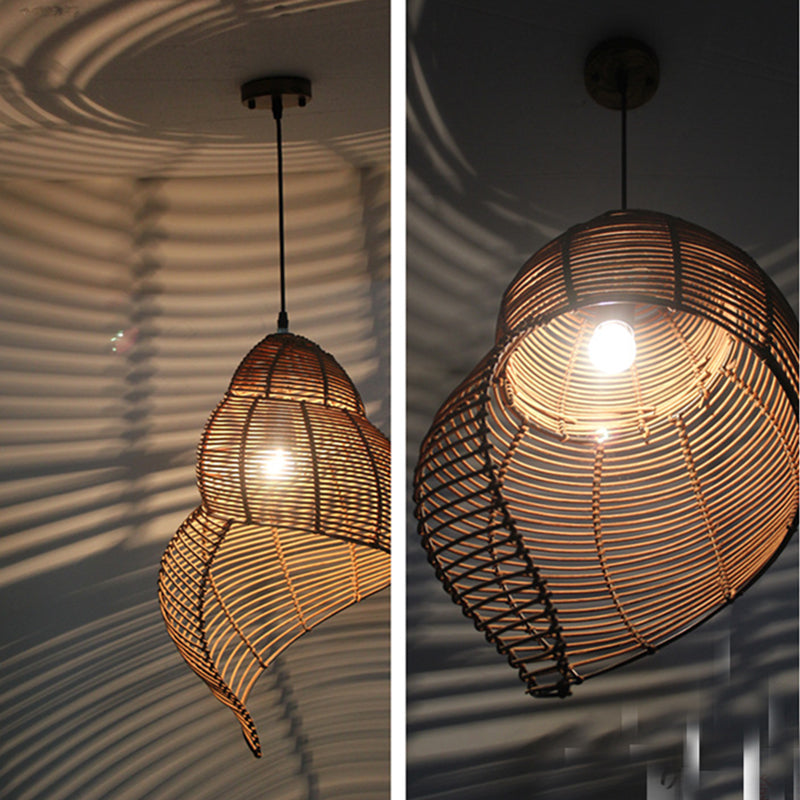 Asian Style Rattan Chandelier Conch Shape Round Ceiling Hanging Kitchen Light