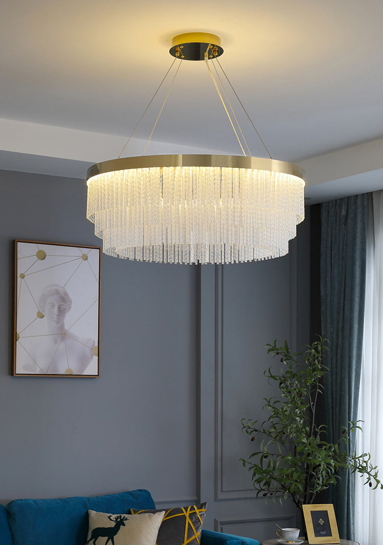 Prismatic Crystal Glass Tiered Chandelier Minimalist Gold LED Pendant Lighting Fixture