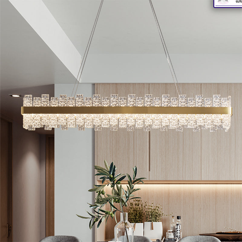 Illuminazione dell'isola rettangolare cristallina increspata luce a led oro minimalista per cena