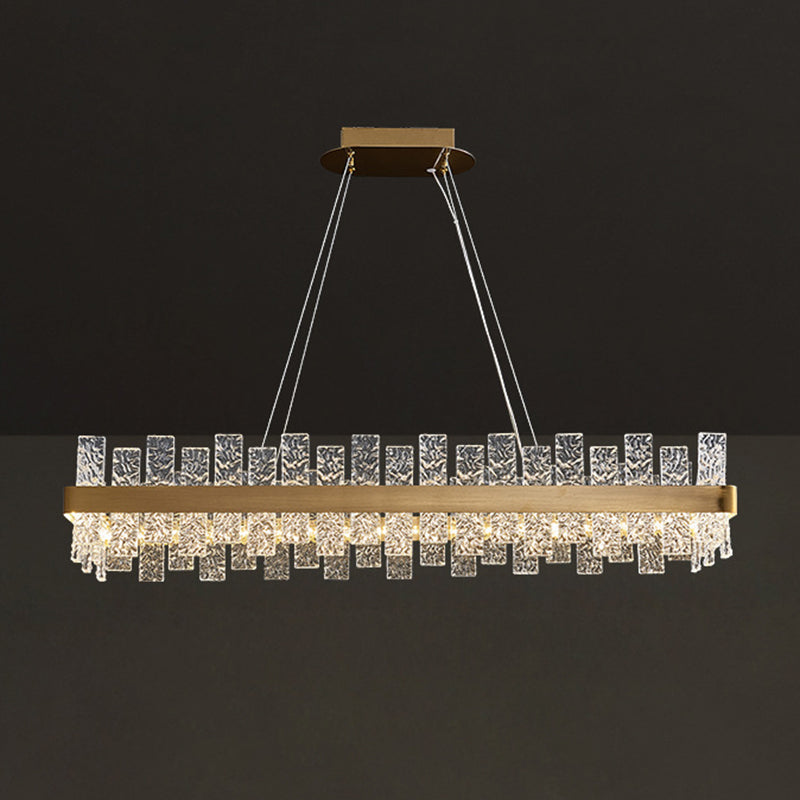 Illuminazione dell'isola rettangolare cristallina increspata luce a led oro minimalista per cena