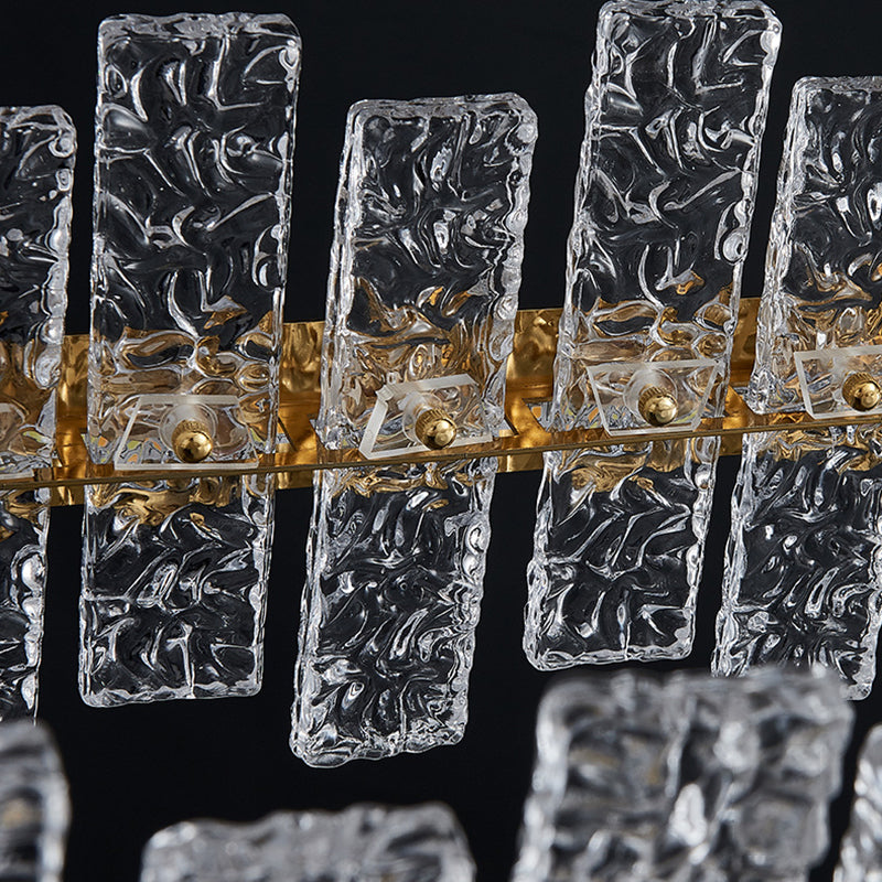 Illuminazione dell'isola rettangolare cristallina increspata luce a led oro minimalista per cena