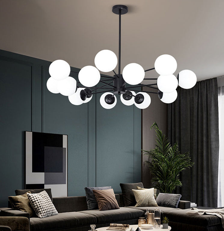 Minimalismo negro Candelera de vidrio Molecular Styling White Globe Shade Lámpara colgante para comedor
