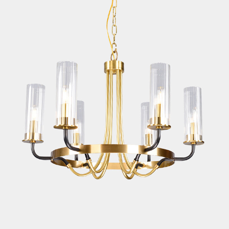 Post-Modern Metal Hanging Chandelier Light Cylinder Clear Glass Shade Ceiling Chandelier in Gold for Living Room