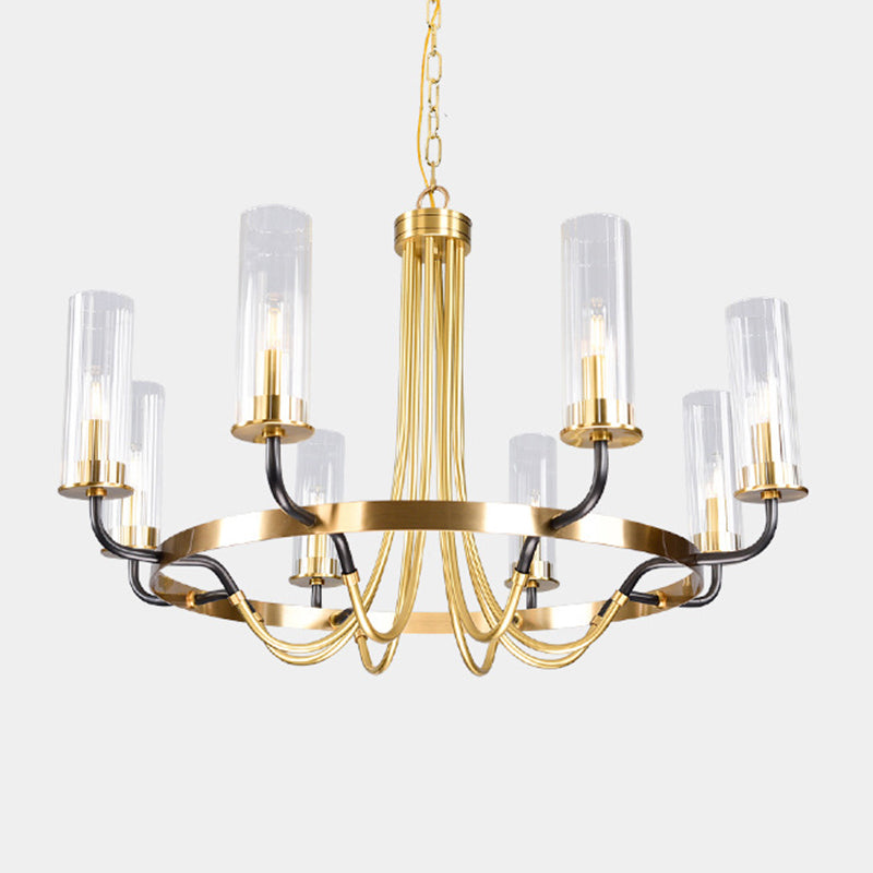 Post-Modern Metal Hanging Chandelier Light Cylinder Clear Glass Shade Ceiling Chandelier in Gold for Living Room