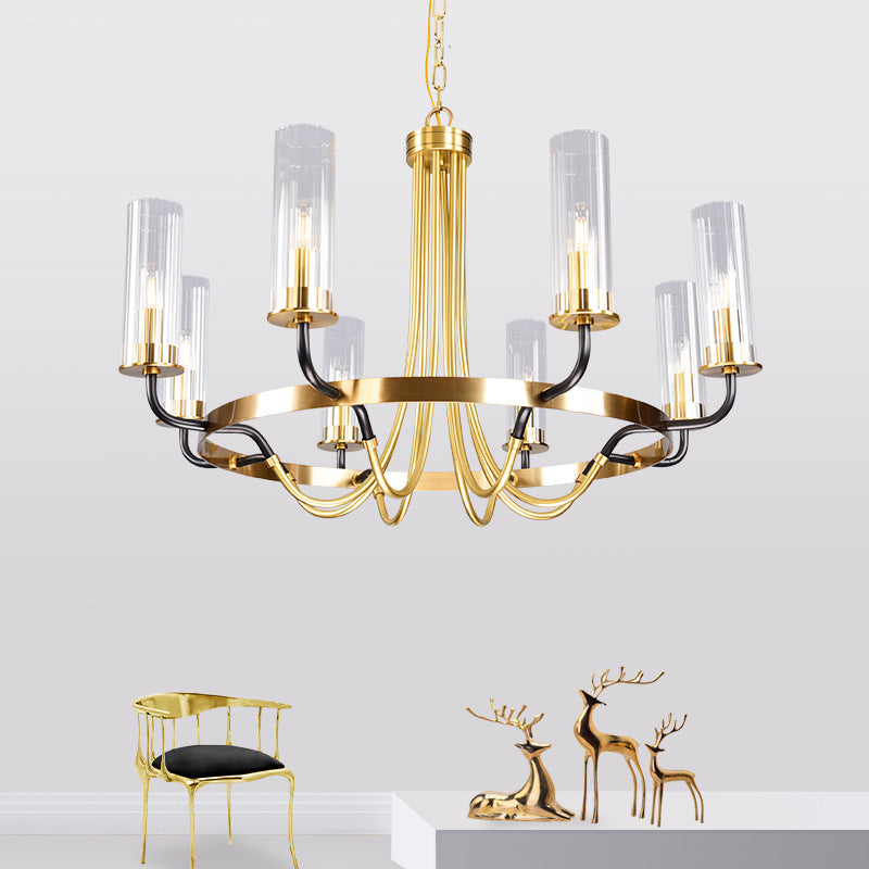 Post-Modern Metal Hanging Chandelier Light Cylinder Clear Glass Shade Ceiling Chandelier in Gold for Living Room
