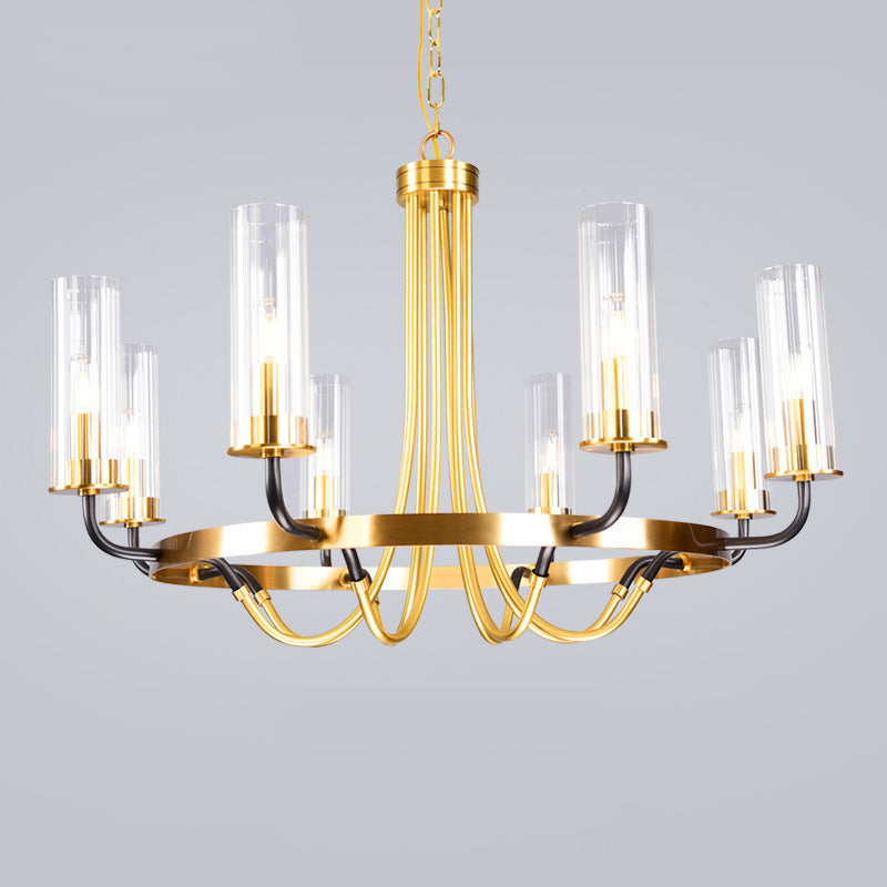 Post-Modern Metal Hanging Chandelier Light Cylinder Clear Glass Shade Ceiling Chandelier in Gold for Living Room