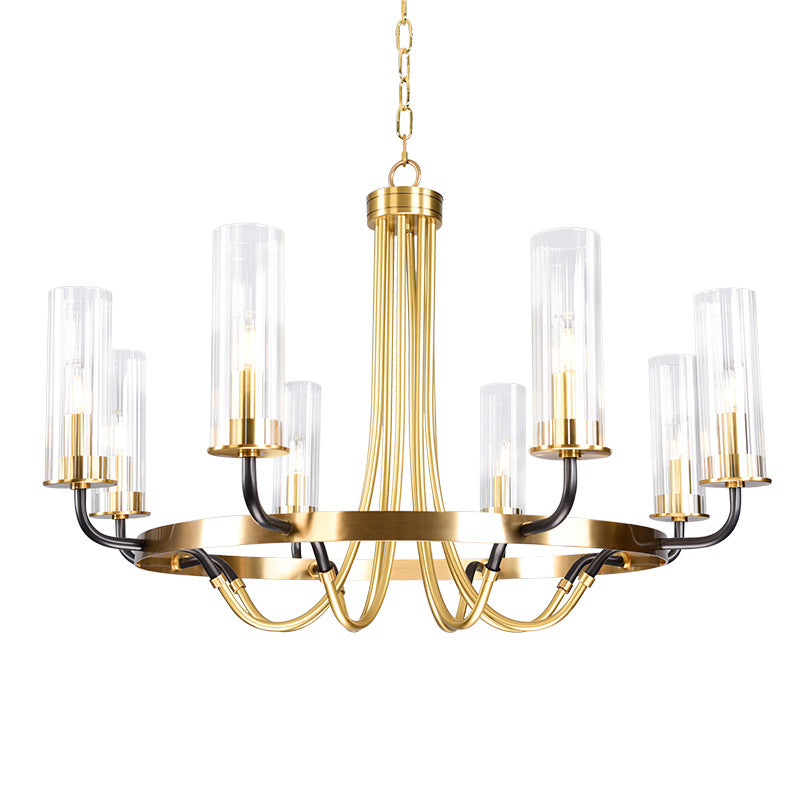 Post-Modern Metal Hanging Chandelier Light Cylinder Clear Glass Shade Ceiling Chandelier in Gold for Living Room