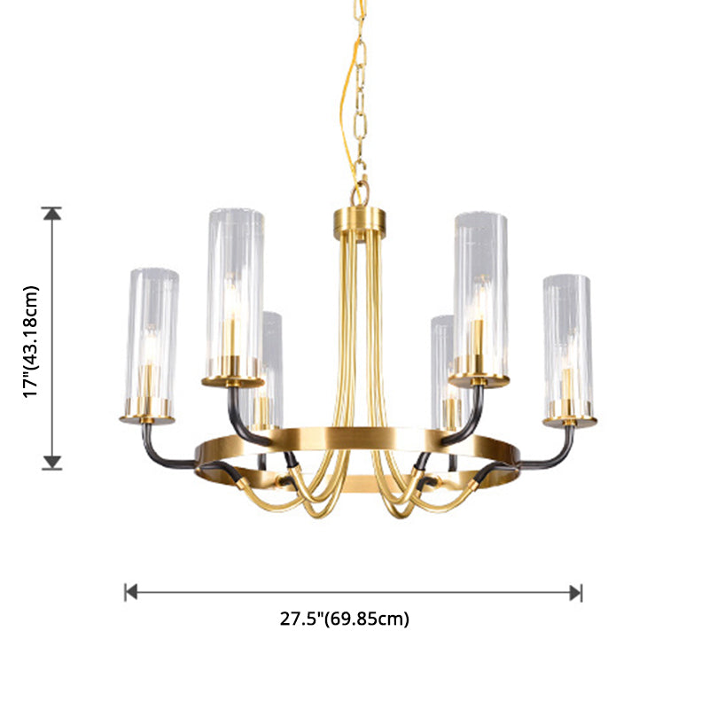 Post-Modern Metal Hanging Chandelier Light Cylinder Clear Glass Shade Ceiling Chandelier in Gold for Living Room