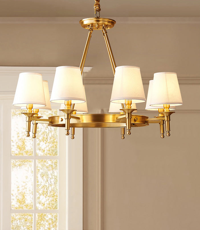 Post-Modern Wagon Wheel Hanging Chandelier Light White Linen Shade Ceiling Chandelier in Gold for Dining Table