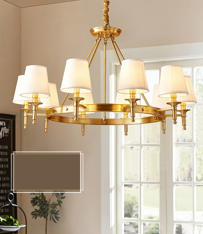 Post-Modern Wagon Wheel Hanging Chandelier Light White Linen Shade Ceiling Chandelier in Gold for Dining Table
