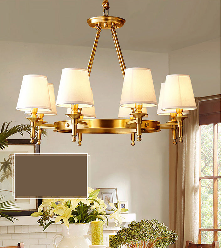 Post-Modern Wagon Wheel Hanging Chandelier Light White Linen Shade Ceiling Chandelier in Gold for Dining Table
