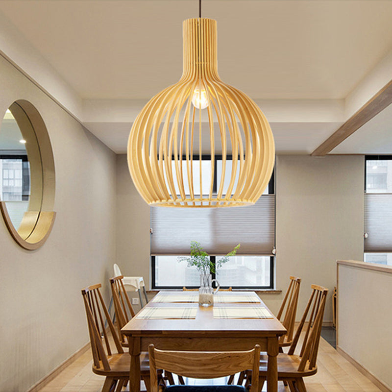 Spherical Caged Pendant Lamp Minimalist Wooden 1-Light Restaurant Hanging Light