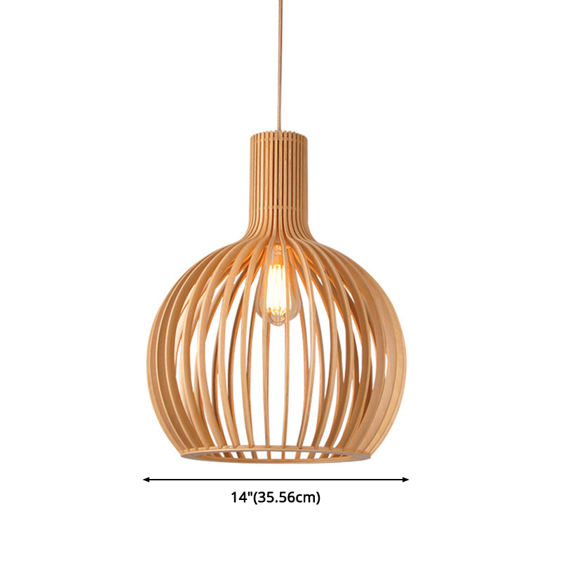 Spherical Caged Pendant Lamp Minimalist Wooden 1-Light Restaurant Hanging Light