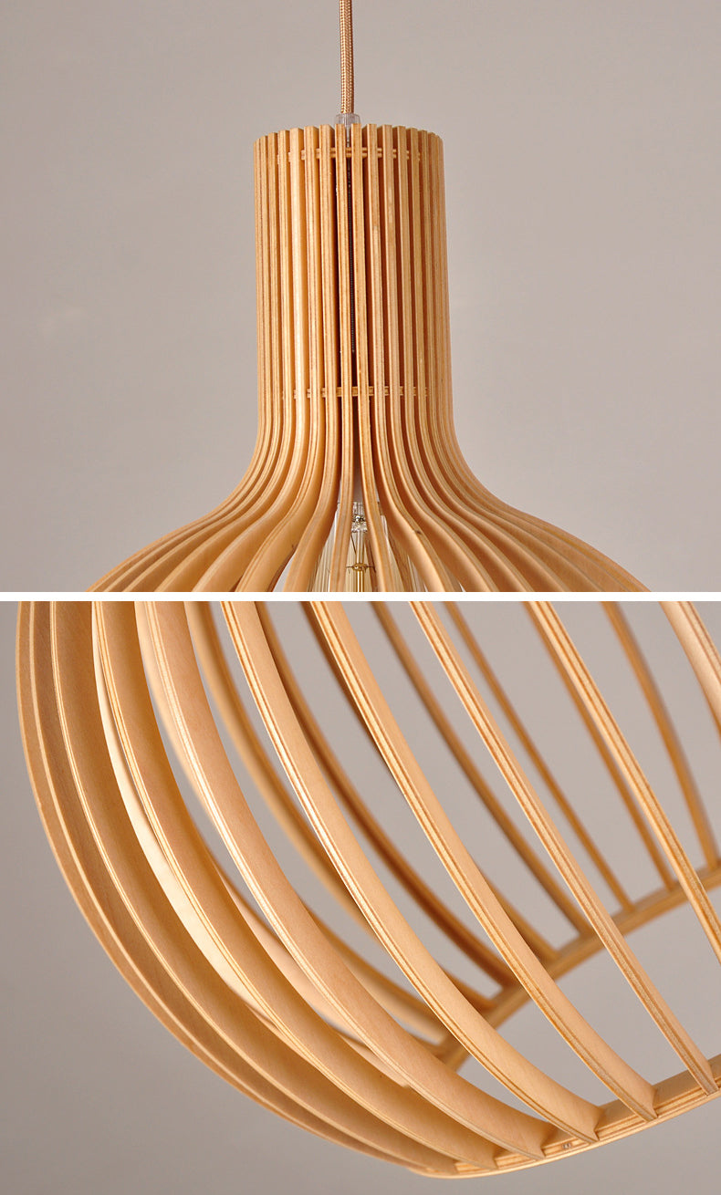 Spherical Caged Pendant Lamp Minimalist Wooden 1-Light Restaurant Hanging Light