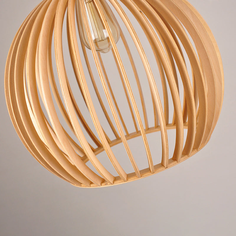 Spherical Caged Pendant Lamp Minimalist Wooden 1-Light Restaurant Hanging Light