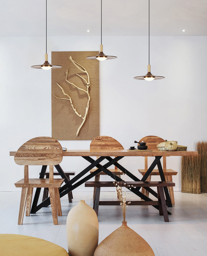 Wide Flared Walnut Wood Suspension Lamp Minimalist Dark Brown LED Pendant Lighting Fixture
