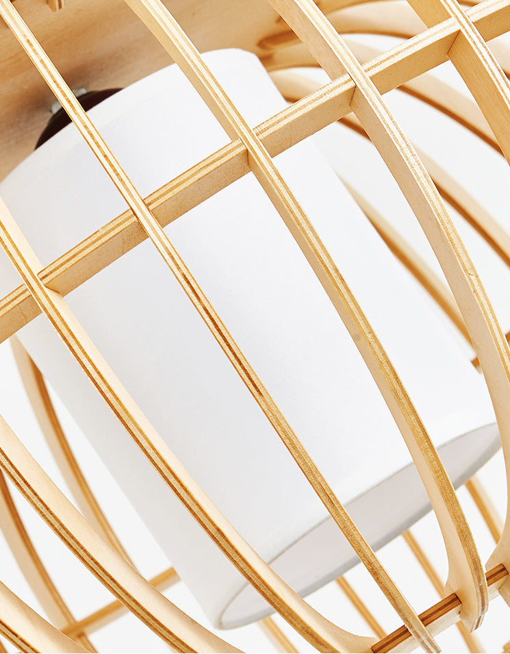 Houten kooi hanglamp modern 1 lamp plafond ophangende lantaarn met stofschaduw binnenin