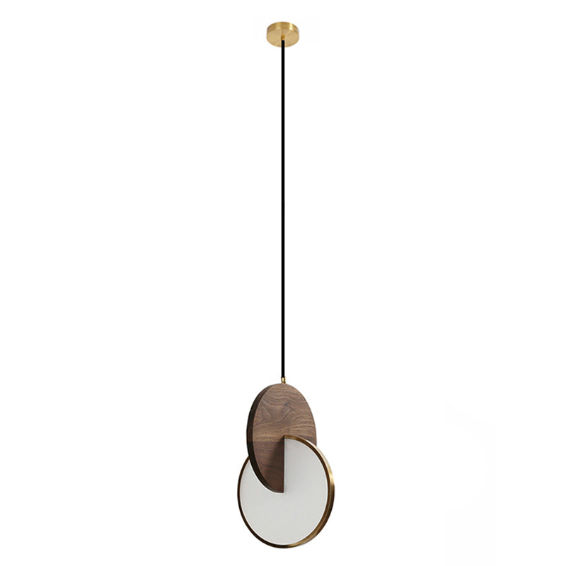 Dark Brown and Brass Disk Pendant Minimalist LED Wooden Suspension Light for Bedroom