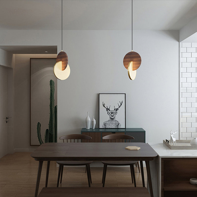 Dark Brown and Brass Disk Pendant Minimalist LED Wooden Suspension Light for Bedroom