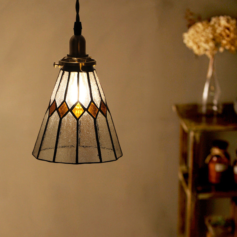 Vintage Conical Pendant Lamp 1-Light Tiffany Glass Hanging Light Fixture in Brass
