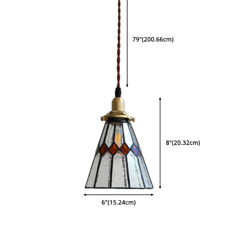 Vintage Conical Pendant Lamp 1-Light Tiffany Glass Hanging Light Fixture in Brass