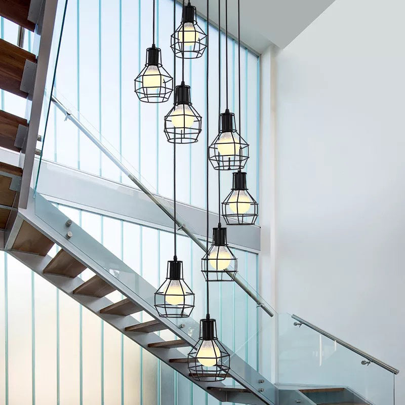 8-Light Pendant Lighting Industrial Cage Metal Suspension Light in Black for Staircase