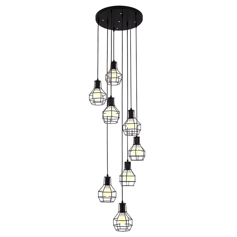 8-Light Pendant Lighting Industrial Cage Metal Suspension Light in Black for Staircase