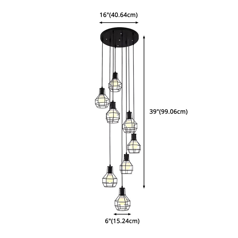 8-Light Pendant Lighting Industrial Cage Metal Suspension Light in Black for Staircase