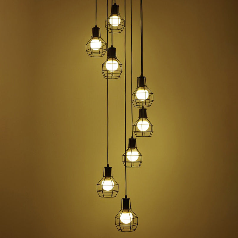 8-Light Pendant Lighting Industrial Cage Metal Suspension Light in Black for Staircase
