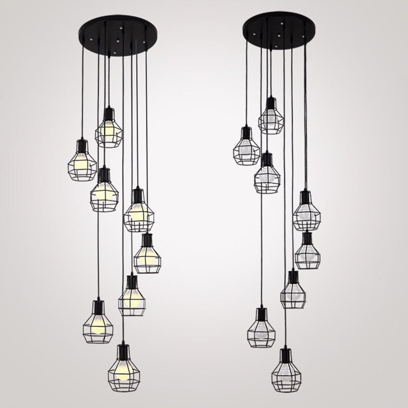 8-Light Pendant Lighting Industrial Cage Metal Suspension Light in Black for Staircase